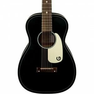 Parlor sized body. This is a picture of a Gretsch Jim Dandy black and white acoustic guitar against a white background.