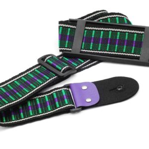 A picture of a cotton guitar strap with green, black, and purple colors