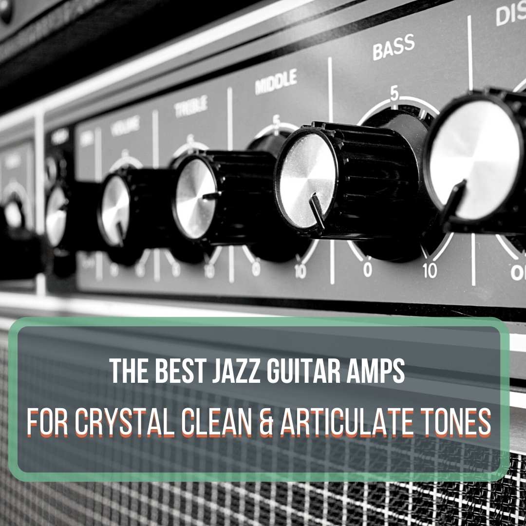 This is a black and white picture of guitar amplifier knobs and grill cloth. This is a featured image for a blog post with the title "The Best Jazz Guitar Amps for Crystal Clean & Articulate Tones." This is on top of a faded grey box with a green border.