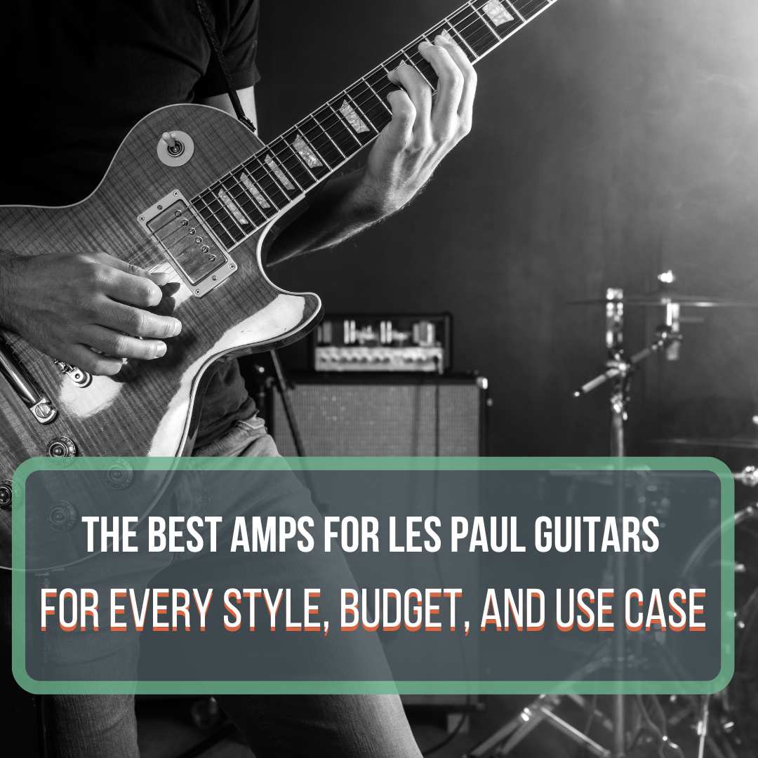 A picture of a man playing a Les Paul Guitar. There is an amplifier and drum cymbals in the background. This image is a featured image for the post "7 Best Amps for Les Paul Guitars"