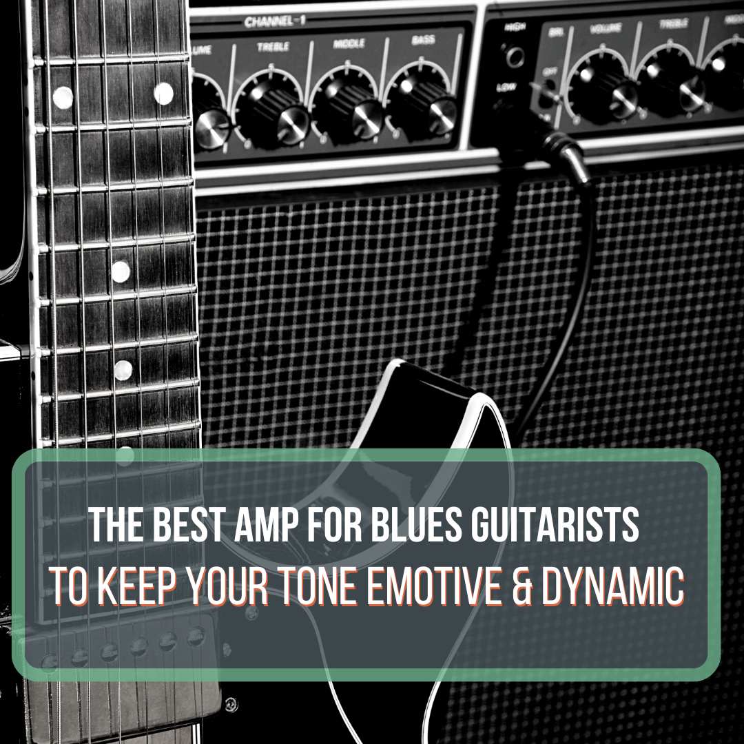 This is a picture of a semi-hollow body electric guitar against a guitar amplifier. The picture is in black and white and it's a featured image for the blog post "The Best Amps for Blues Guitars."
