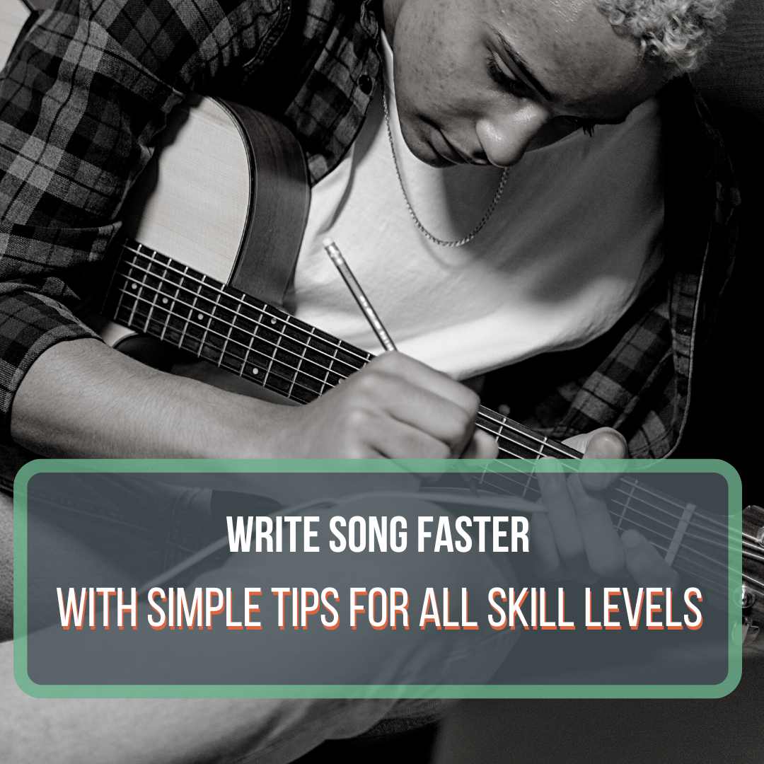 This is a black and white photo of a young man holding a guitar and writing in a notebook. This is a featured image for the blog post, "How to write songs faster."