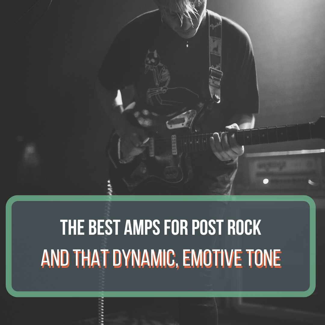 This is a featured image for the blog post "The Best Amp for Post Rock." This picture is a black and white photo of a male electric guitar player with an offset Fender guitar standing in front of an Orange Amp on stage.