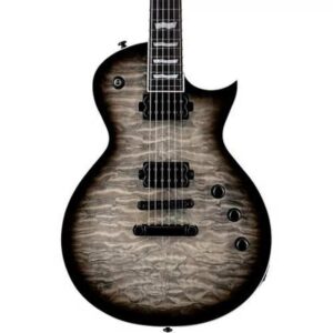 A product photo of an electric guitar. This guitar is an LTD that has a quilted maple body. The guitar is grey and black in color.