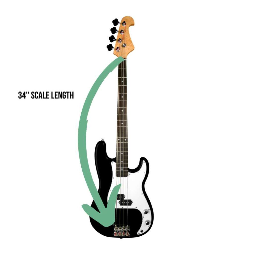 A picture of a fender-style bass guitar against a white backdrop. There is a green arrow that is illustrating the scale length of the electric bass guitar, which is 34''.