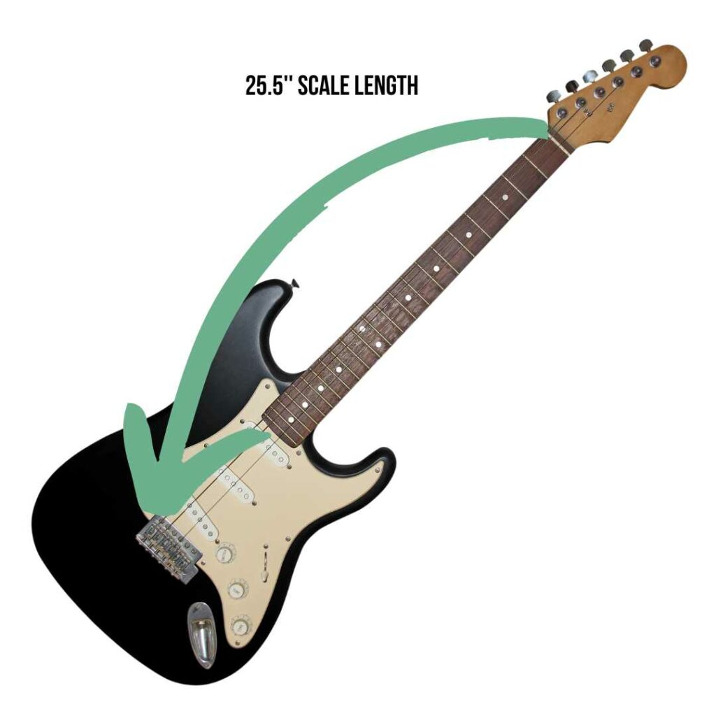 A picture of a stratocaster against a white backdrop. There is a green arrow that is illustrating the scale length of the electric guitar, which is 25.5''.