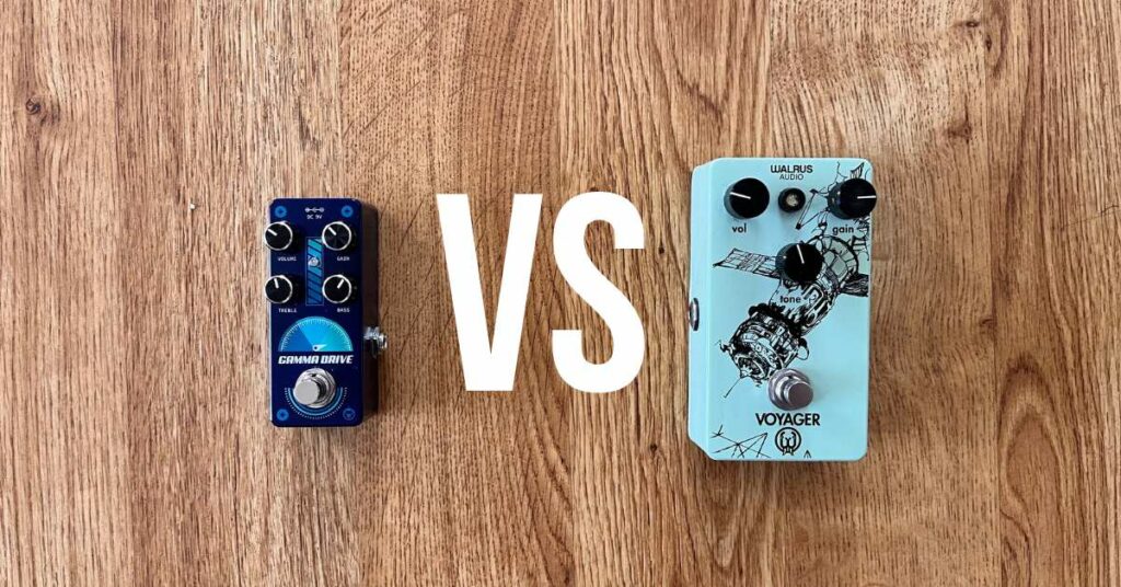 This is a picture of both the Pigtronix Gamma Drive and the Walrus Voyager guitar pedals. They are next to each other with a "VS" between them to illustrate a comparison. The background is a hardwood floor.
