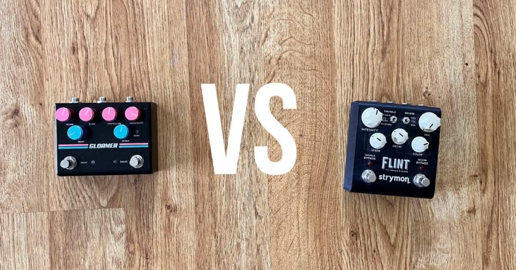 This is a picture of both the Pigtronix Gloamer and the Strymon Flint guitar pedals. They are next to each other with a "VS" between them to illustrate a comparison. The background is a hardwood floor.