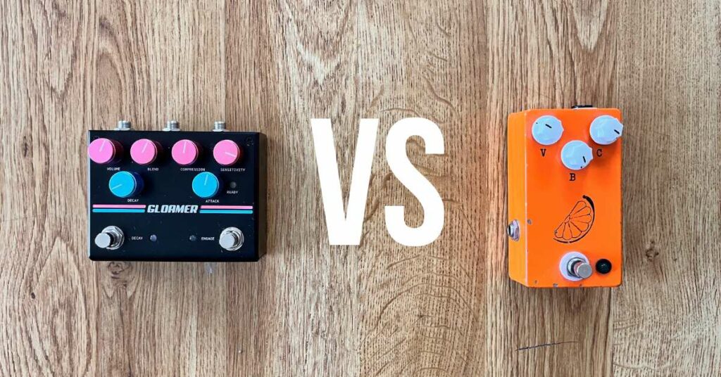 This is a picture of both the Pigtronix Gloamer and the JHS Pulp n Peel guitar pedals. They are next to each other with a "VS" between them to illustrate a comparison. The background is a hardwood floor.
