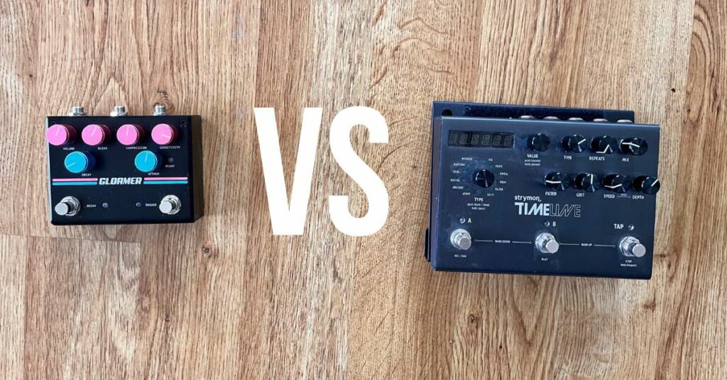 This is a picture of both the Pigtronix Gloamer and the Strymon Timeline guitar pedals. They are next to each other with a "VS" between them to illustrate a comparison. The background is a hardwood floor.
