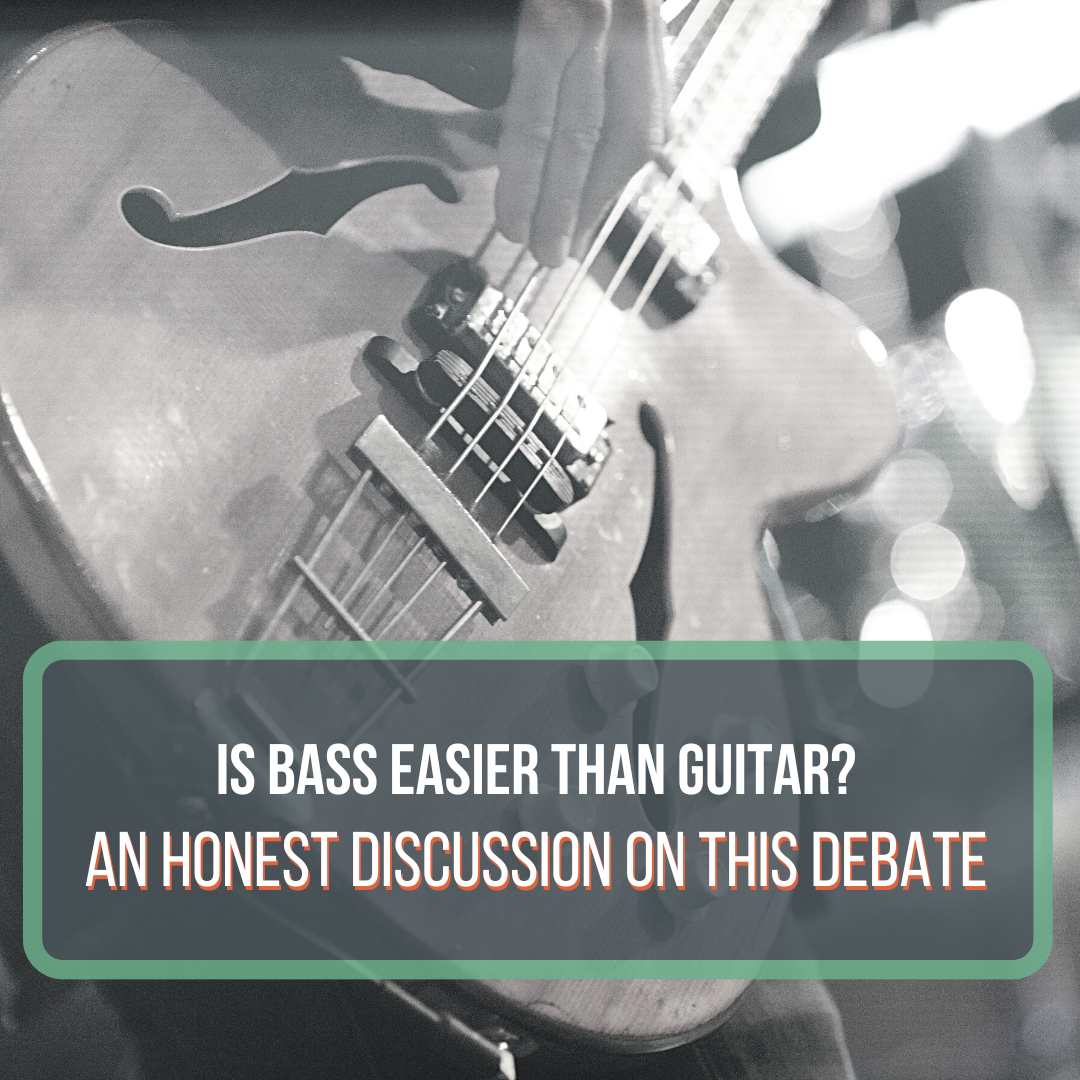 This is a black and white photo of a bass guitar body. There is a hand plucking it. This is a featured image for the post "Is bass easier than guitar?"