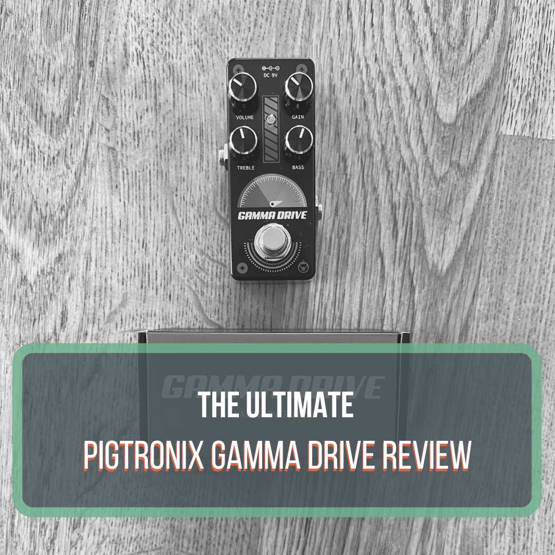 This is a black and white overhead photo of a Pigtronix Gamma Drive guitar pedal. The Pigtronix box is below it and it's resting on a hardwood floor. This is a featured image for the blog post "Pigtronix Gamma Drive Review"
