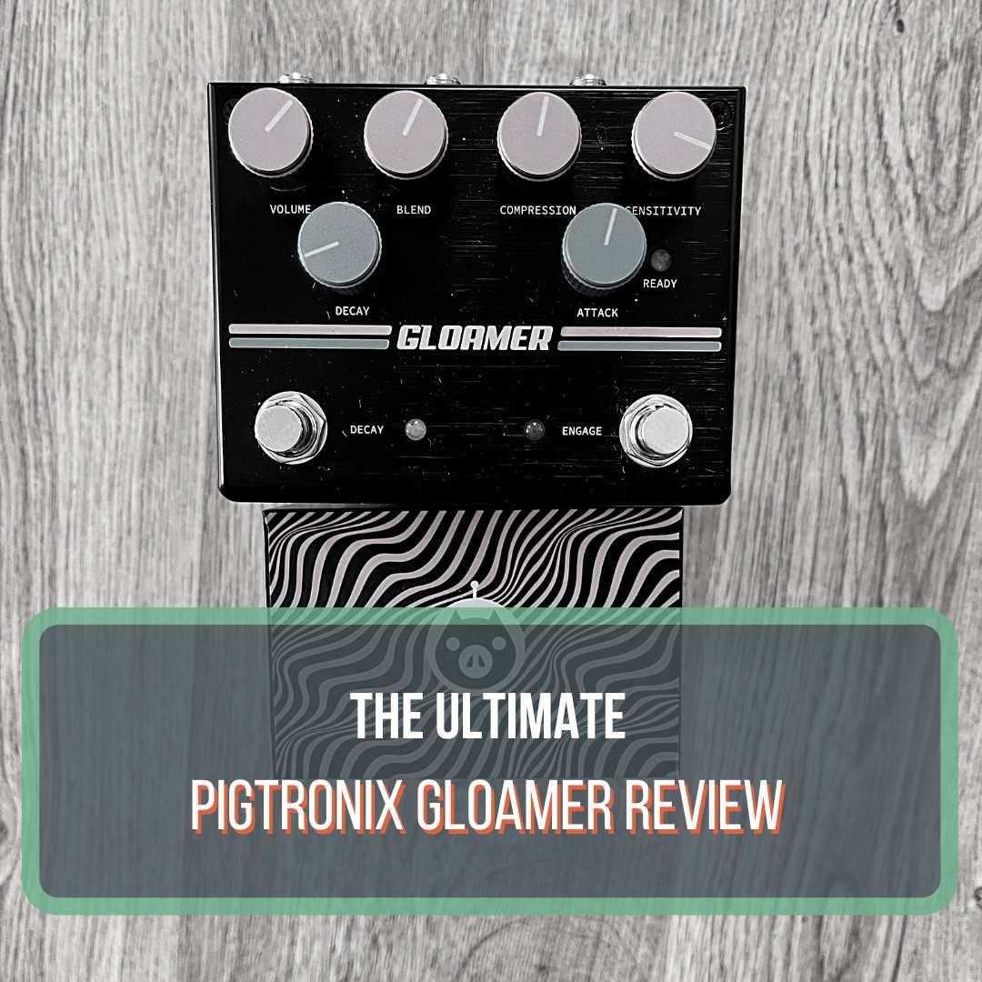 This is a black and white overhead photo of a Pigtronix Gloamer guitar pedal. The Pigtronix box is below it and it's resting on a hardwood floor. This is a featured image for the blog post "Pigtronix Gloamer Review"