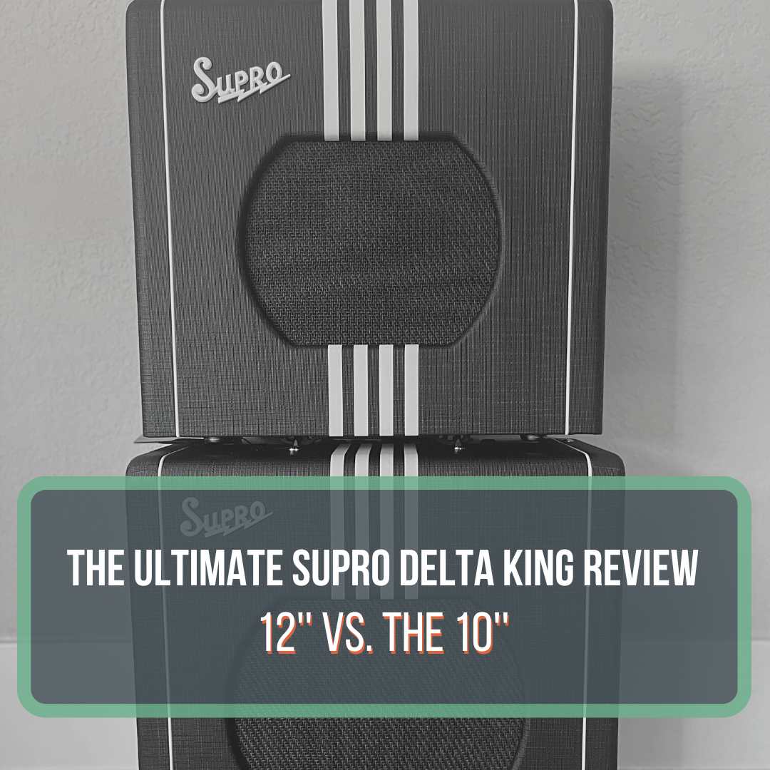 This is a black and white photo of a Supro Delta King combo amplifier. It is black and has cream stripes. This is a featured image for the blog post "Supro Delta King Review"