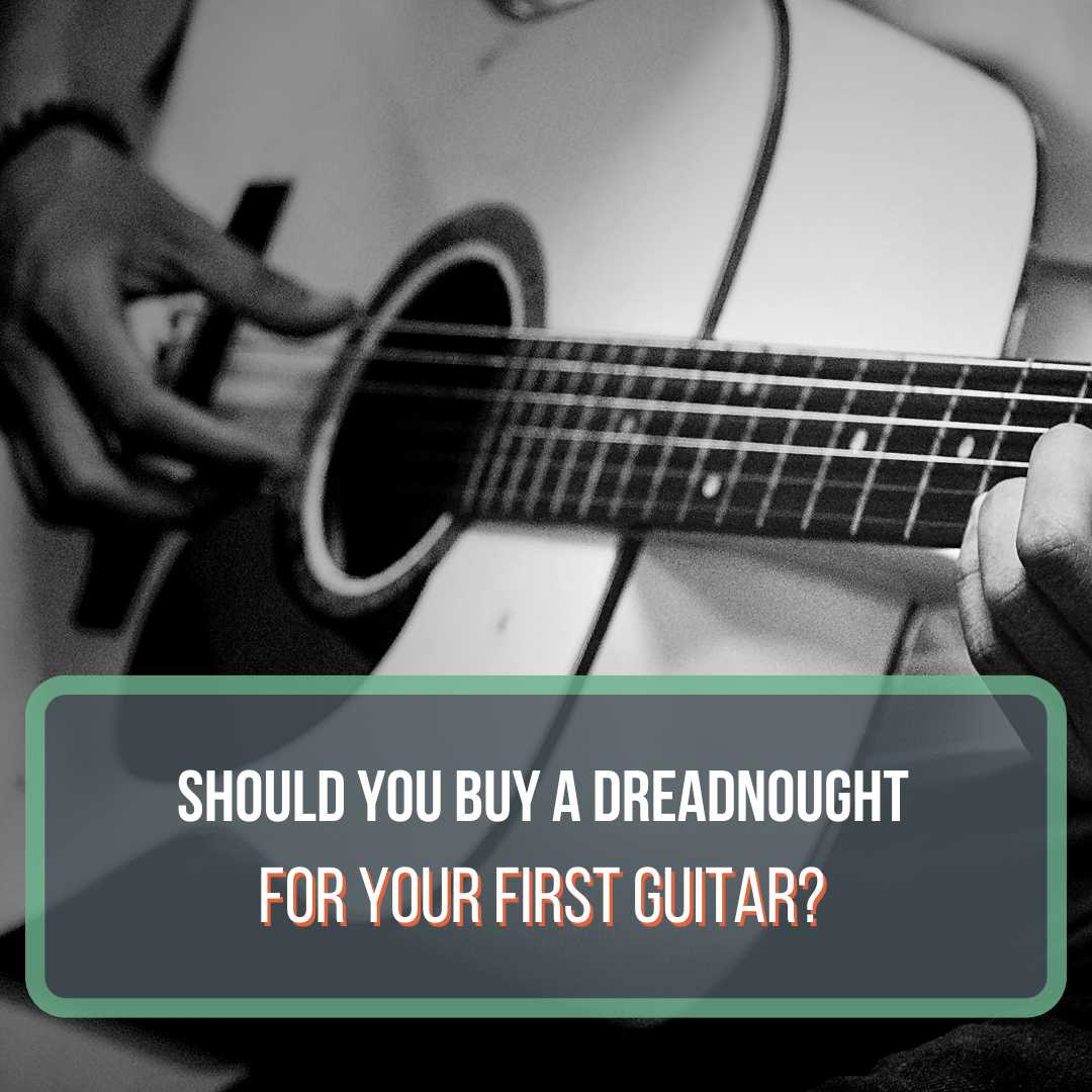 This is a featured image for the blog post "Are Dreadnought Guitars Good for Beginners?" This image features a person strumming an acoustic guitar with their fingers. The acoustic guitar is white.