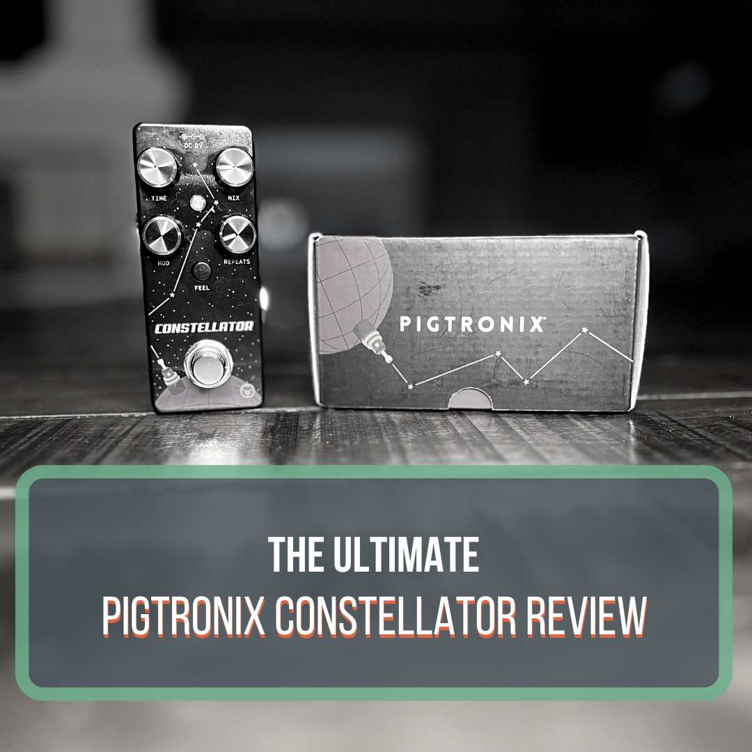 This is a black and white photo of a Pigtronix Constellator guitar pedal next to its box. The pedal is sitting on a hardwood table. The Pigtronix box is below it and it's resting on a hardwood floor. This is a featured image for the blog post "Pigtronix Constellator Review"