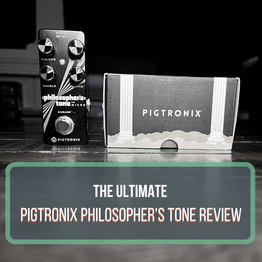 This is a black and white photo of a Pigtronix Philosopher's Tone guitar pedal next to its box. The pedal is sitting on a hardwood table. The Pigtronix box is below it and it's resting on a hardwood floor. This is a featured image for the blog post "Pigtronix Philosopher's Tone Review"