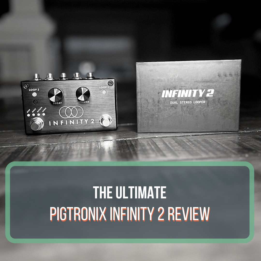 This is a black and white photo of a Pigtronix Infinity 2 guitar pedal next to its box. The pedal is sitting on a hardwood table. The Pigtronix box is below it and it's resting on a hardwood floor. This is a featured image for the blog post "Pigtronix Infinity 2 Review"