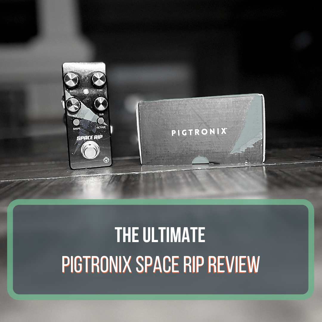 This is a black and white photo of a Pigtronix Space Rip guitar pedal next to its box. The pedal is sitting on a hardwood table. The Pigtronix box is below it and it's resting on a hardwood floor. This is a featured image for the blog post "Pigtronix Space Rip Review"