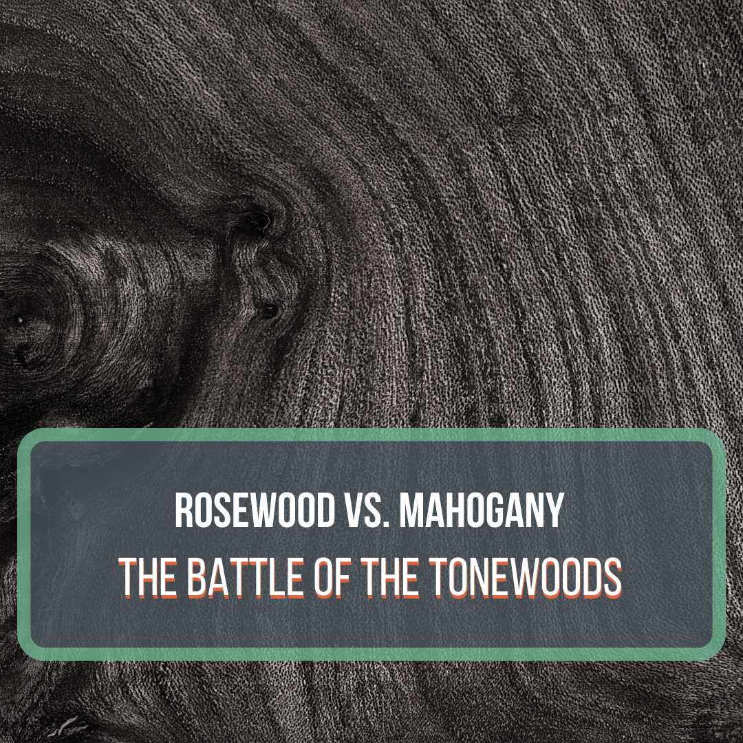 This is a featured image for the blog post, "Rosewood vs. Mahogany Guitar Tonewood." The image is a black and white photo of the grains in rosewood.