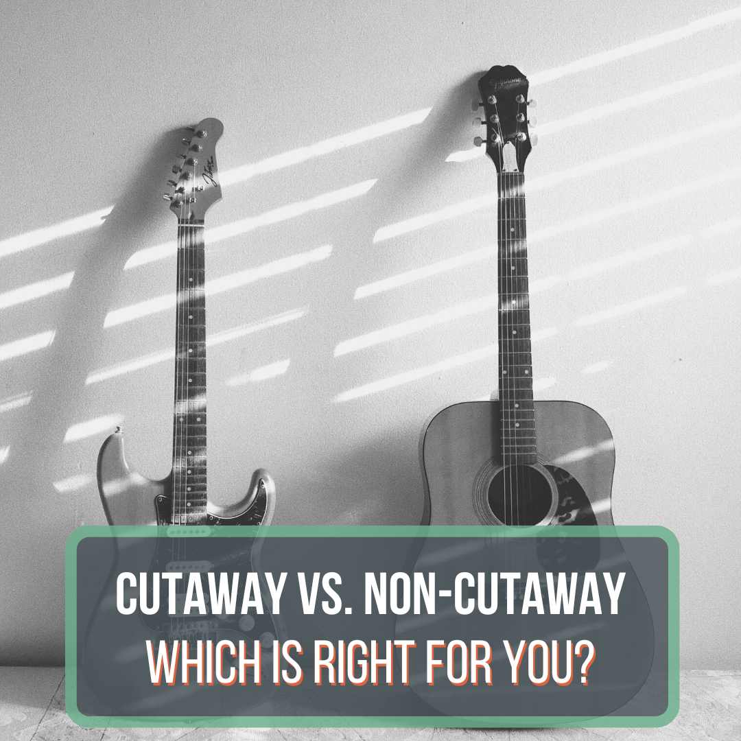 This is a black and white image of two guitars leaning up against a wall. The first guitar on the left is a Fender Stratocaster and the one on the right is a dreadnought acoustic guitar. This is a featured image for the article, "Cutaway Guitar vs. Non-Cutaway."