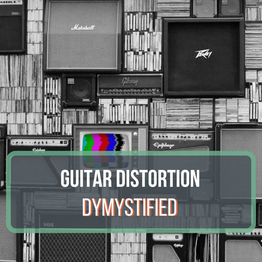 This is the featured image to the blog post, "Do all amps have distortion?" There are a bunch of guitar amplifiers lined up against a wall. A Marshall, Peavey, Epiphone, and Vox. The entire picture is black and white besides a television that has colored bars.