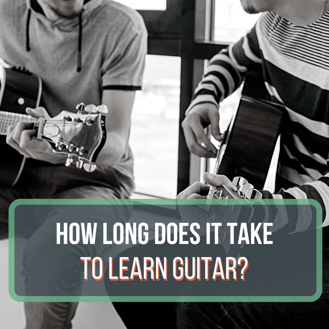 This is a black and white photo of two people playing acoustic guitar. This is a featured image for the post "How Long Does It Take To Learn Electric Guitar?"