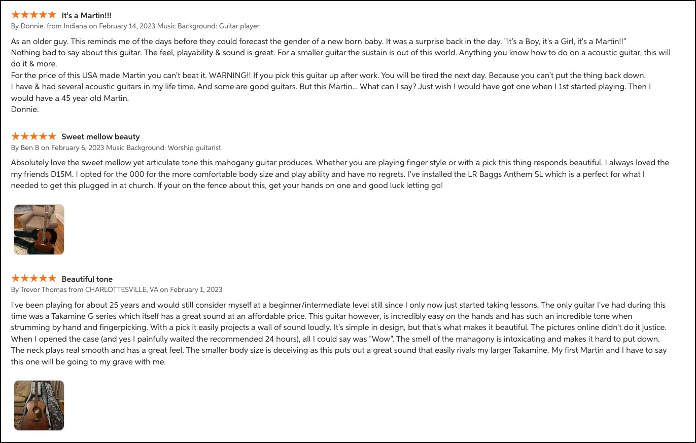 User-generated reviews from Sweetwater for the Martin 15 Series.