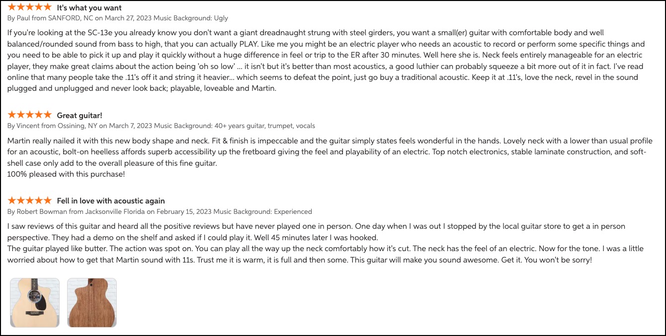 User-generated reviews from Sweetwater for the Martin SC-13.