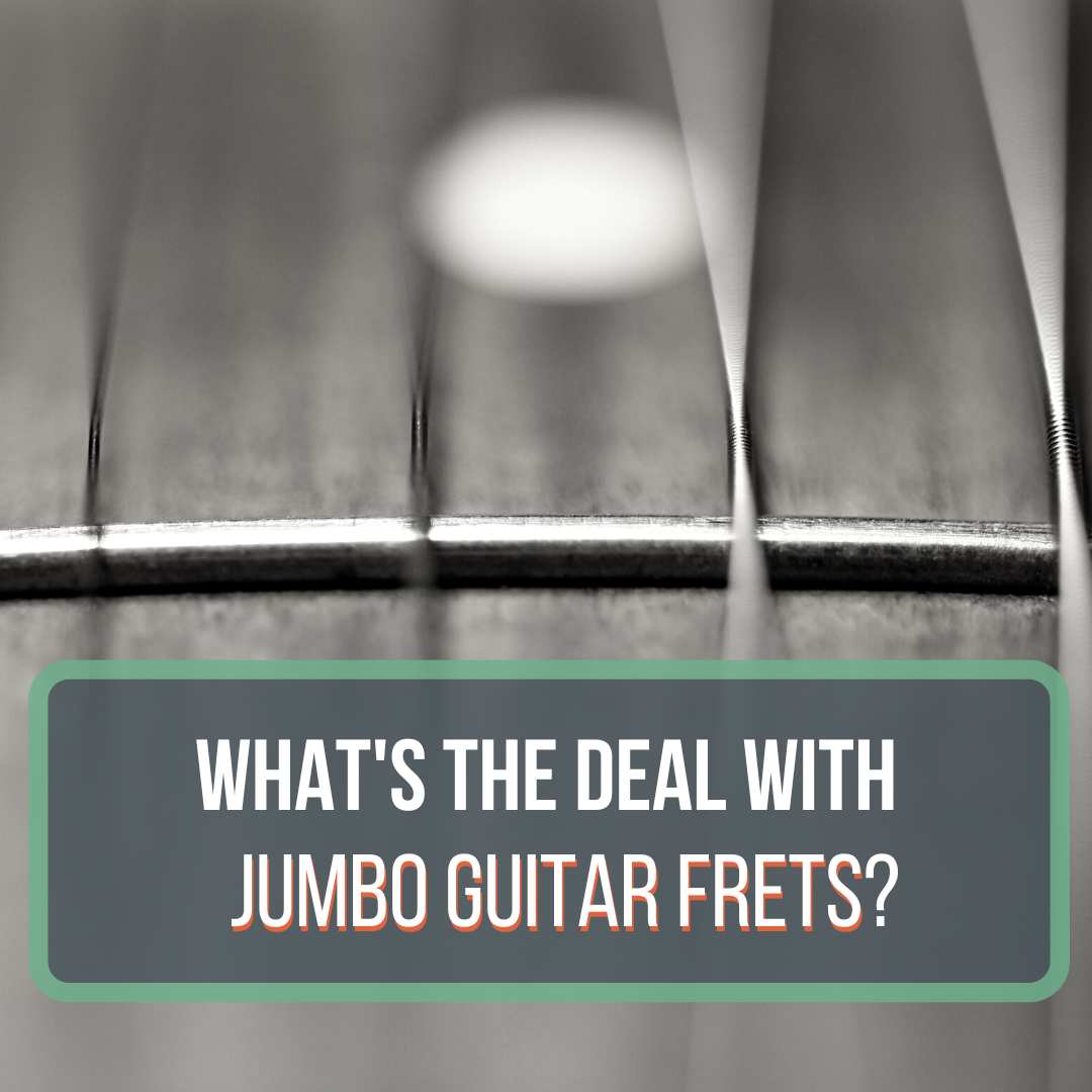 This is a black and white, close up photo of a guitar fret on the neck. This is a featured image for the blog post "Jumbo Fret Guitars."