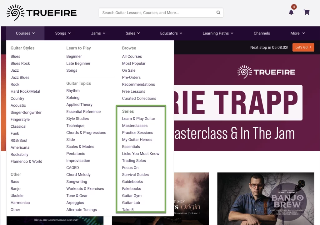This is a screenshot of the main navigation window on TrueFire.com. This image shows how TrueFire breaks down it's 55,000+ lessons in an easy to navigate way. This image is showing a green box around searching for the Guitar Series.