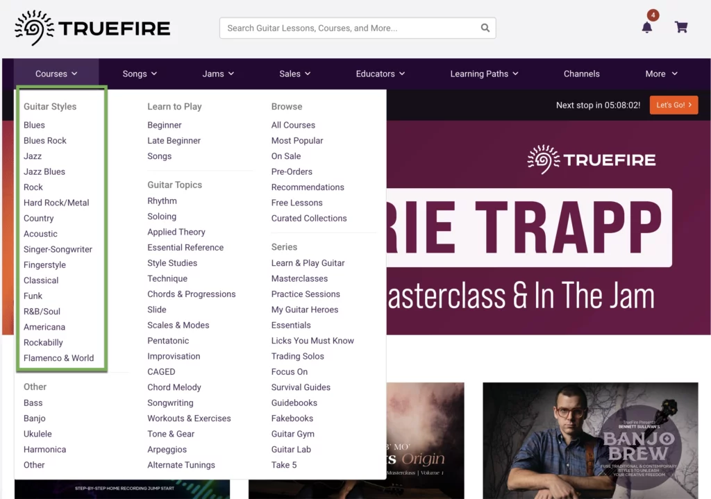 This is a screenshot of the main navigation window on TrueFire.com. This image shows how TrueFire breaks down it's 55,000+ lessons in an easy to navigate way. This image is showing a green box around searching for the Guitar Styles.