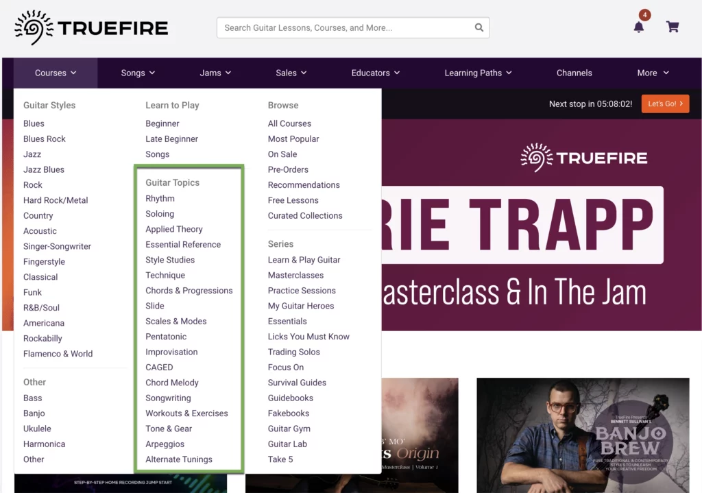 This is a screenshot of the main navigation window on TrueFire.com. This image shows how TrueFire breaks down it's 55,000+ lessons in an easy to navigate way. This image is showing a green box around searching for the Guitar Topics.