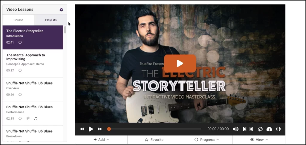 This is a screenshot of a TrueFire course by Ariel Posen titled, "Electric Storyteller." This image has Ariel Posen on it holding a guitar and is demonstrating one of the courses available.