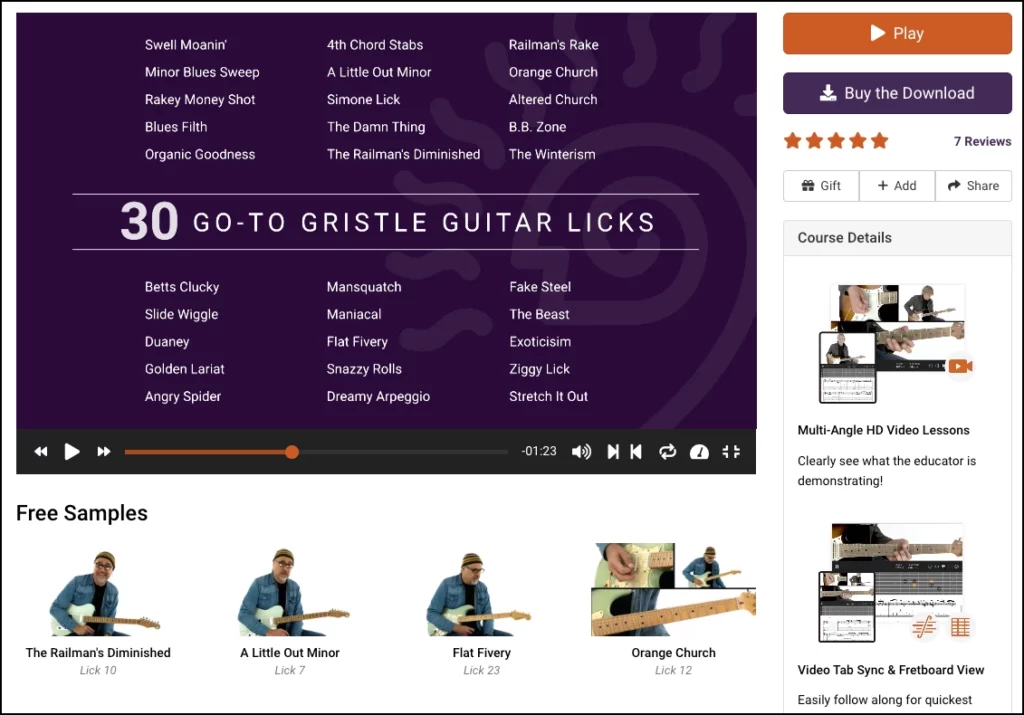 This is a screenshot of one of the videos on TrueFire by Greg Koch titled, "30 Gristle Guitar Licks." This screenshot shows the names of all of the guitar licks.