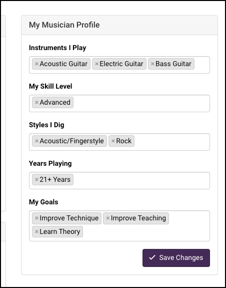 This is a screenshot of the musicians profile you fill out on Truefire.com. This illustrates how they are able to curate a lesson plan for you.