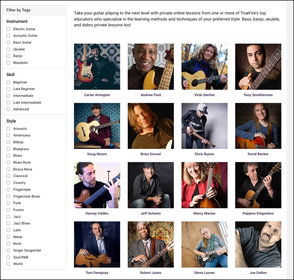 This is a screen shot of the Private Instructors page on TrueFire. There are photos of the instructors, as well as, a navigation bar that lets you select what you're looking for in an instructor.
