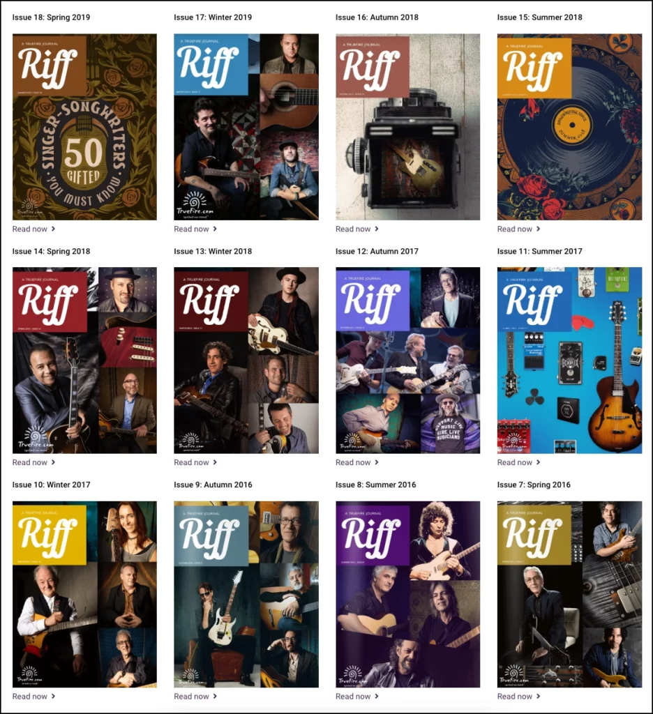 This is a screenshot of the past two years of Riff Journals that are available on TrueFire. Riff Journal is an online publication that has a quarterly theme, interviews, and lessons.