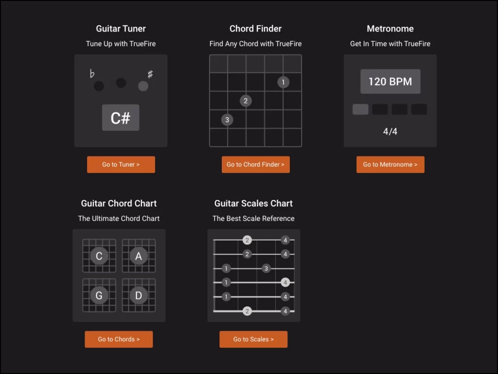 This is a screenshot of the different Learning Tools that TrueFire offers. On this screen you can see a Metronome, Tuner, Chord Finder, Scale Chart, and Chord Chart.