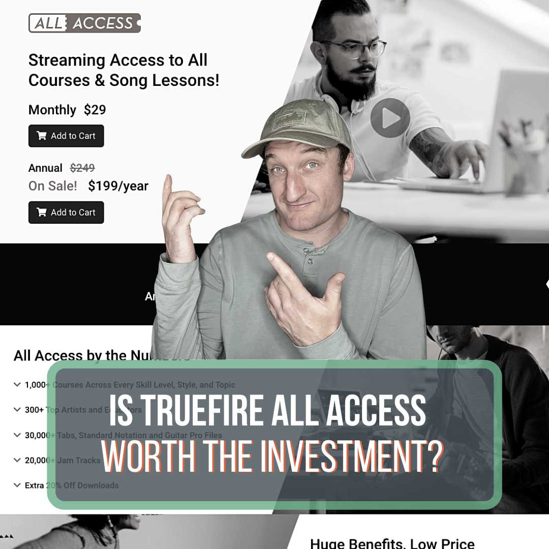 This is the featured image for the blog post, "TrueFire Review." There is a picture of Song Production Pros owner and writer pointing at a screenshot of the sales page of the All Access TrueFire offer. Underneath him is a green and grey bubble with the text, "Is TrueFire All Access Worth the Investment?"