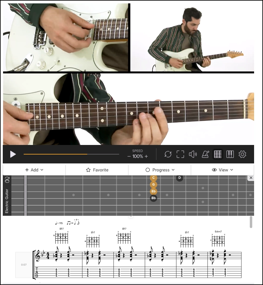 This is a screenshot of one of the lessons on TrueFire. This shows how the video player is laid out and there is three split screens with the instructor, a fretboard showing the notes, sheet music, and tablature.
