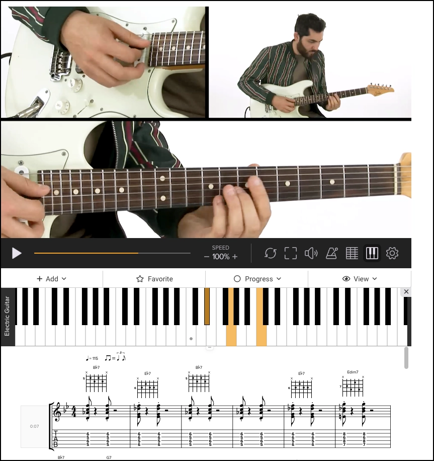 This is a screenshot of one of the lessons on TrueFire. This shows how the video player is laid out and there is three split screens with the instructor, a piano roll showing the notes, sheet music, and tablature.