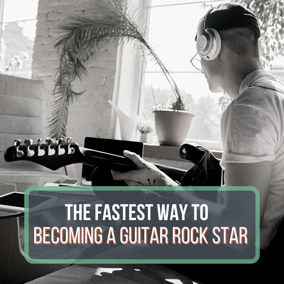 This is a featured image for the blog post "Easy Rock Songs to Learn on Guitar." There is a man playing an electric guitar and wearing white headphones. Over the picture is a green box with white and red text that reads, "The fastest way to becoming a guitar rock star."