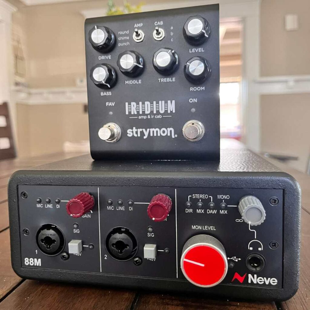 This is a photo of the Strymon Iridium sitting on top of the Neve 88M audio interface. This is to illustrate the section where I run the Iridium into the 88M.