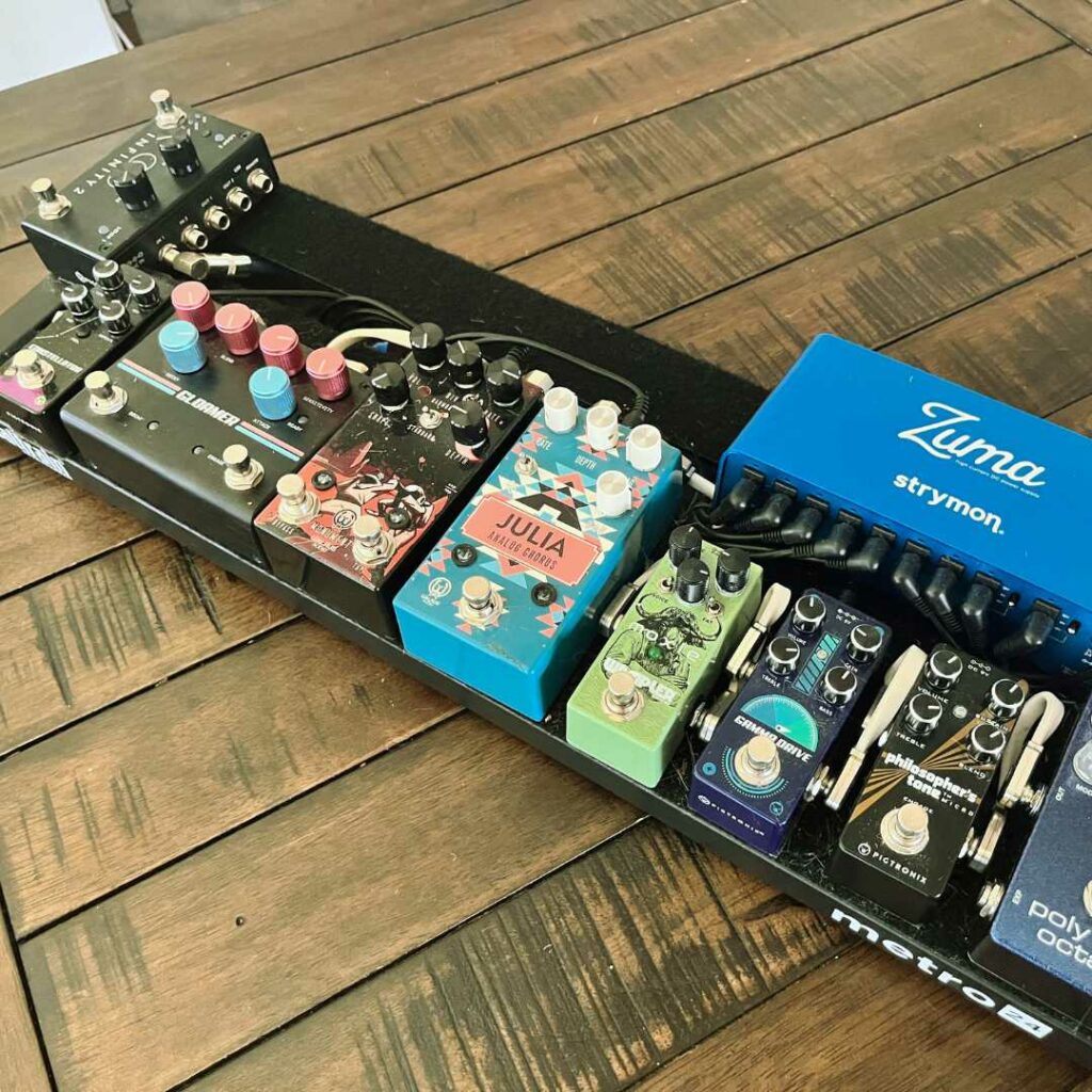 This is a picture of the pedalboard that was used for the audio demos for electric guitar. There are pedals from Wampler, Strymon, Walrus, MXR, and Pigtronix.