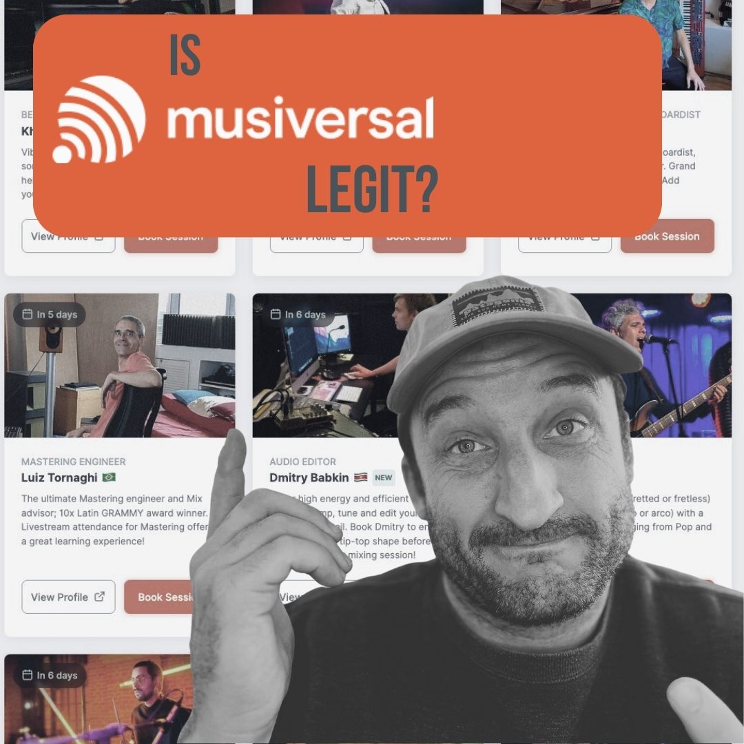 This is a picture of the founder and writer of Song Production Pros pointing to a bubble that says, "Is Musiveral Legit?" The background is a screenshot of the main page in Musiversal where you search and book musicians.